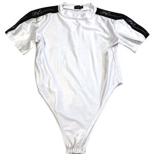 Majer Lewis Womens White Metallic Logo Tape Mock Neck Streetwear Bodysuit Large